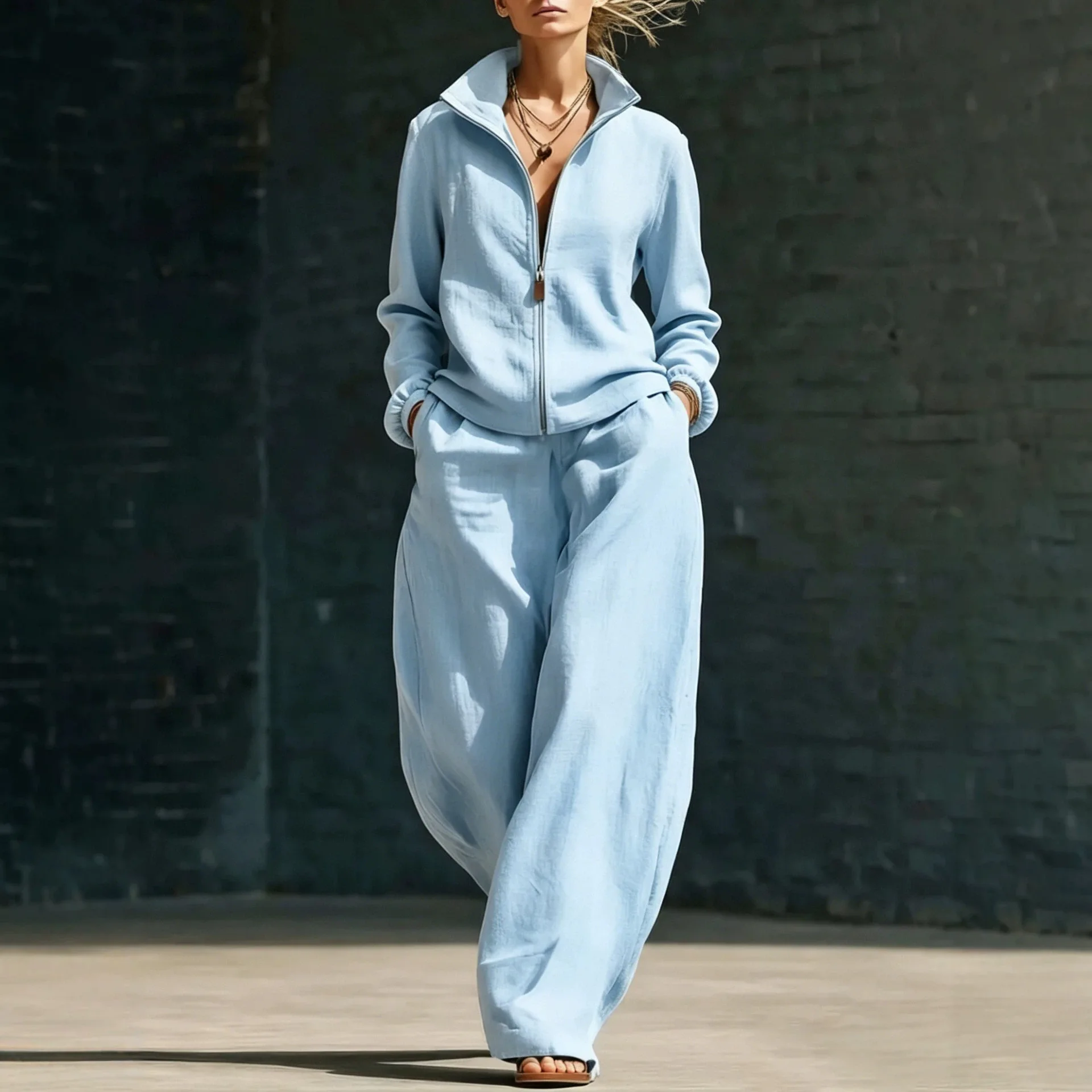 Women 2 Piece Sets Stand Collar Zipper Outfits Full Sleeve Jacket Wide Leg Long Pants Casual Loose Solid Pockets Autumn Winter