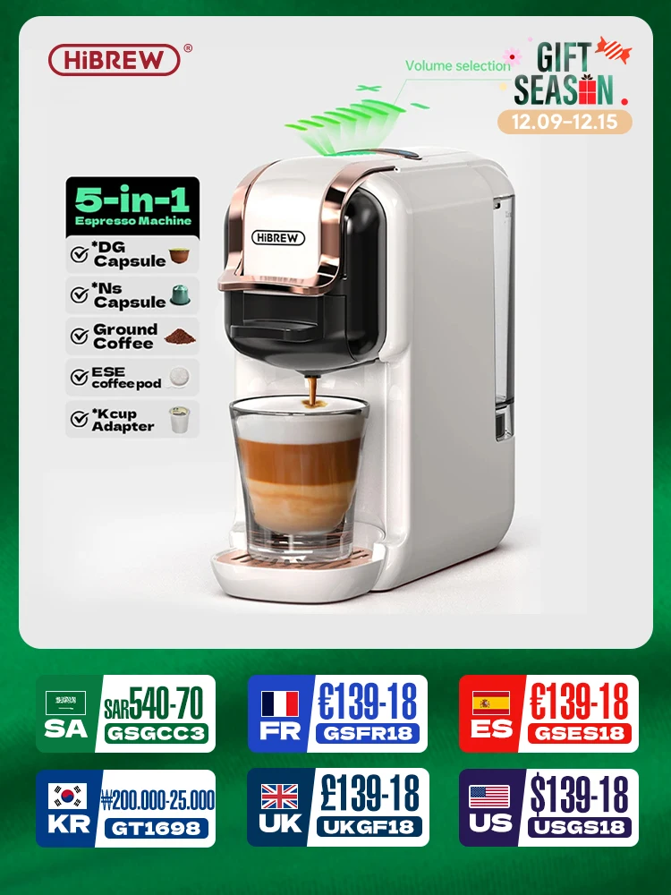 HiBREW 5 en 1 máquina de café de cápsulas múltiples caliente/frío DG capuchino Nes cápsula pequeña ESE cápsula café molido cafetería 20Bar H2B