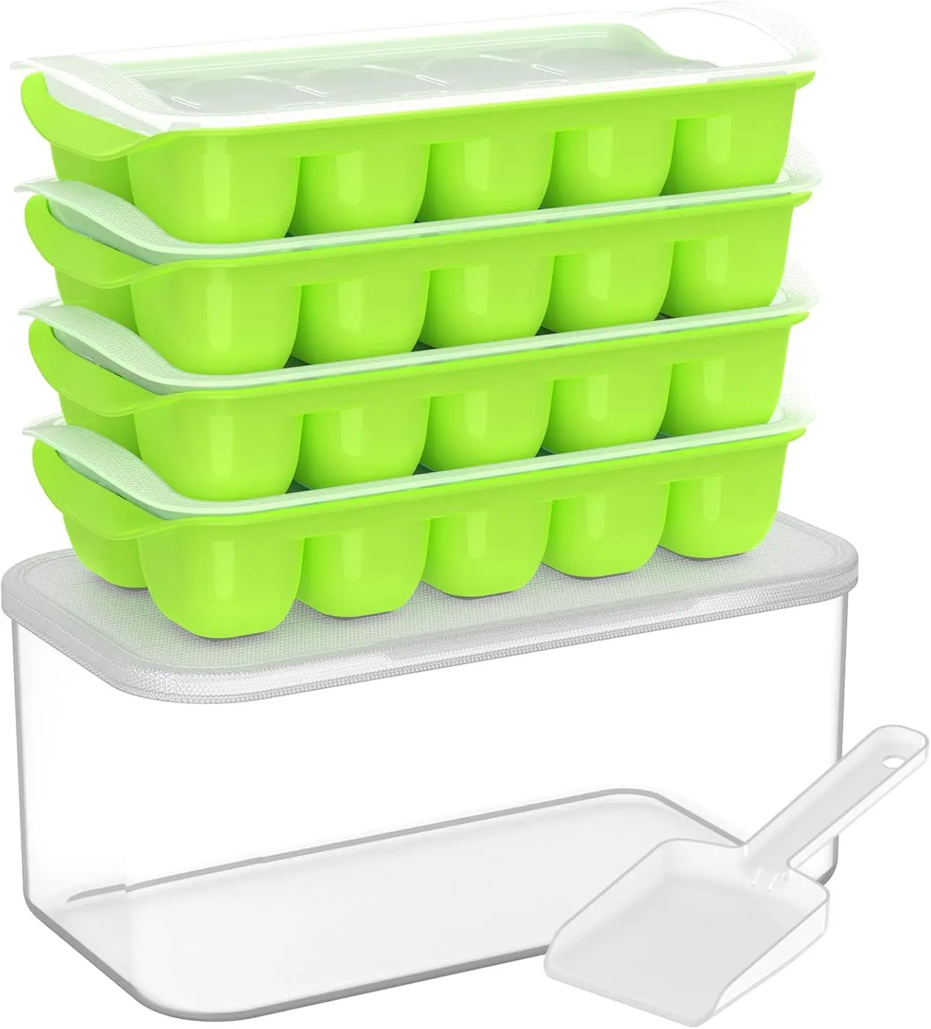 4-Pack Stackable Silicone Ice Cube Trays with Lid and Bin, Easy Pop Out, BPA-Free for Cocktails, Coffee, Kitchen