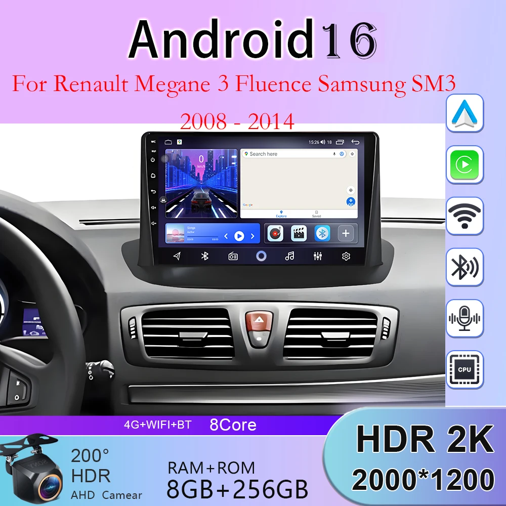Para renault megane 3 fluence samsung sm3 2008 - 2014 multimídia do carro android 16 unidade principal jogador navegação gps atuo carplay 2k