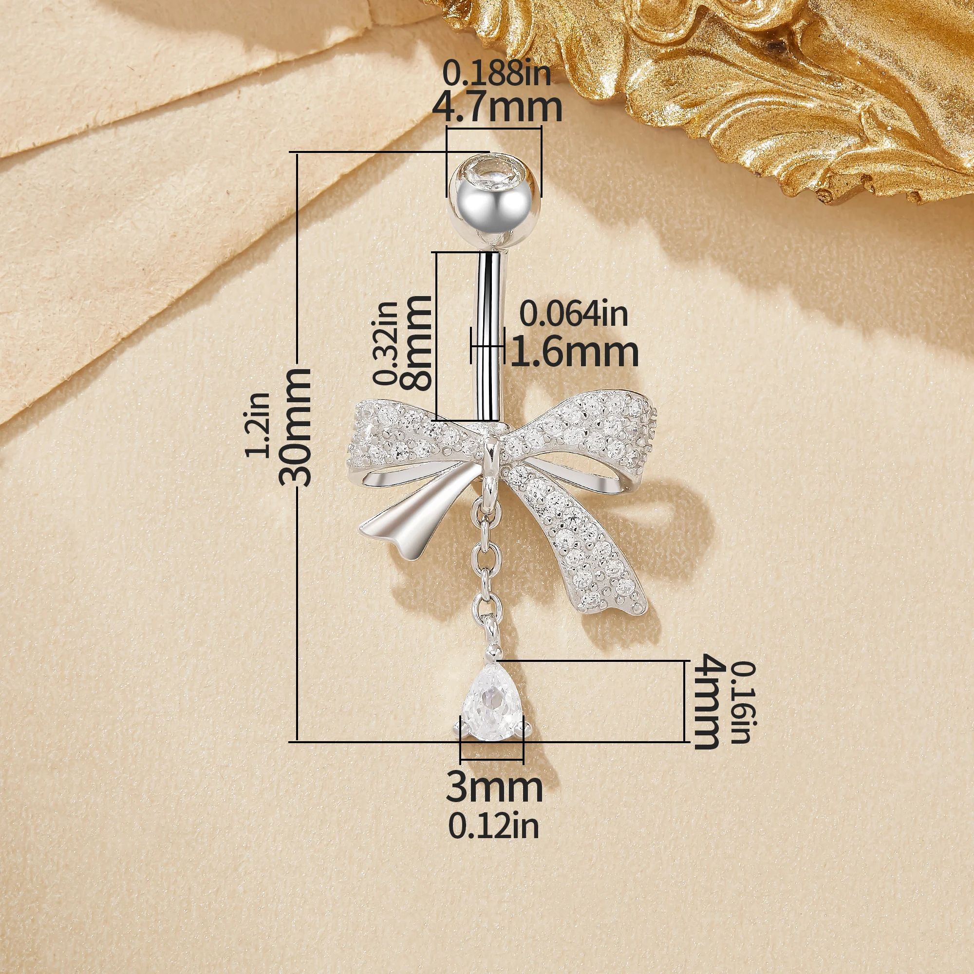 Bowknot White CZ Stone Solid 925 Sterling Silver Belly Button Ring Belly Piercing Navel Bar Curved Barbell Navel Ring 6730006