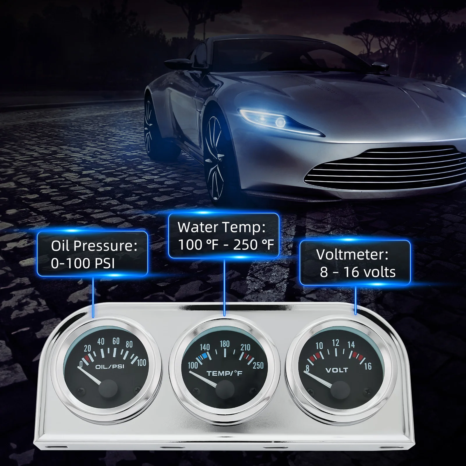 3 In 1 Triple Gauge Set Oil Pressure 0-100 PSI + Water Temp 100-250°F + Voltmeter 8-16V Chrome Panel 52mm Gauges for Car Boat