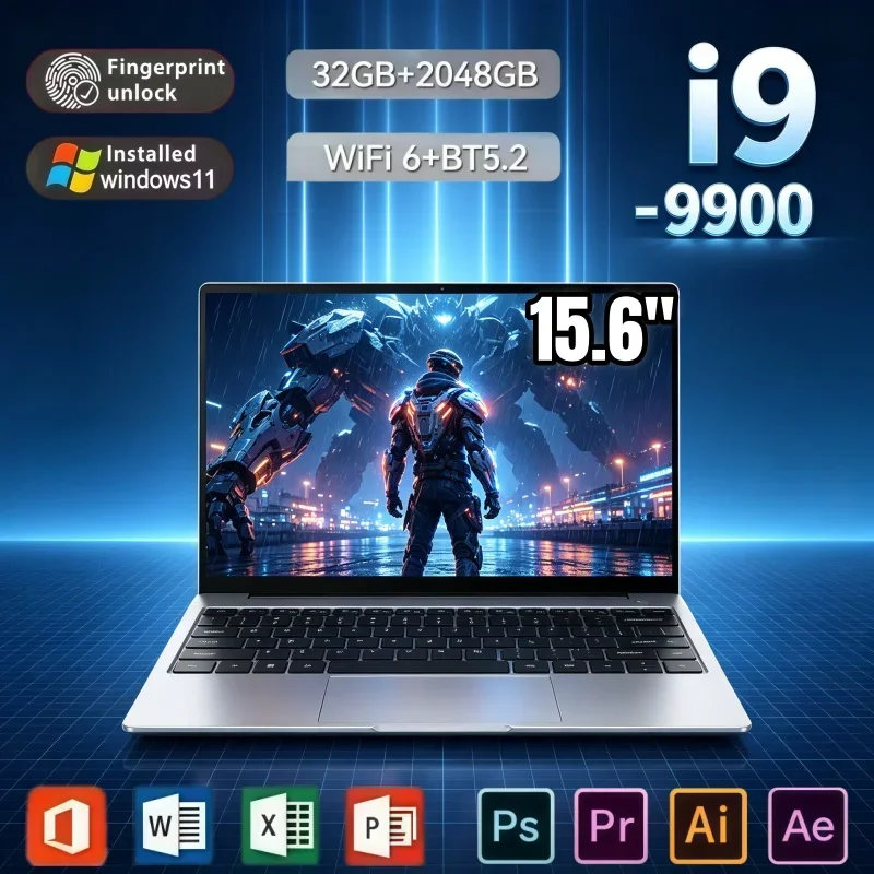 15.6 Inch Fast Ultra Slim Laptop Intel I9 9900 32GB RAM 2TB SSD Win11 Fingerprint Reader For Daily Home Office And Casual Game