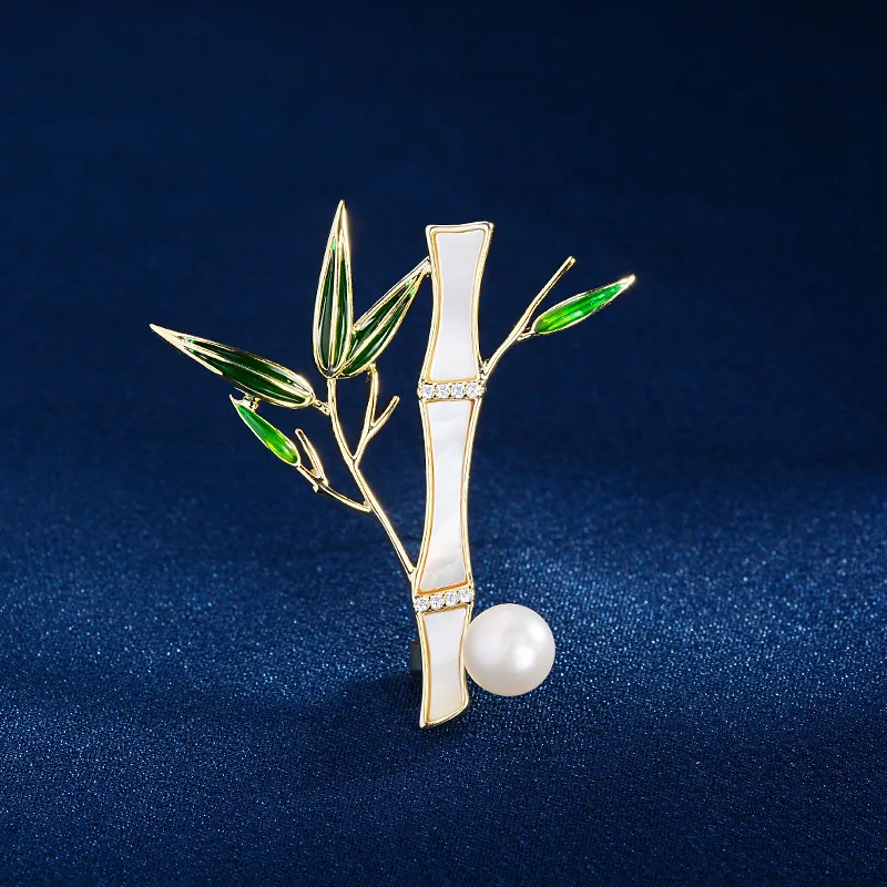 Shell Bamboo Brooch Fresh Water Pearl Microinlaid Zirconium Enamel Elegant Plant Temperament All Over The Corsage  Art  Brooches