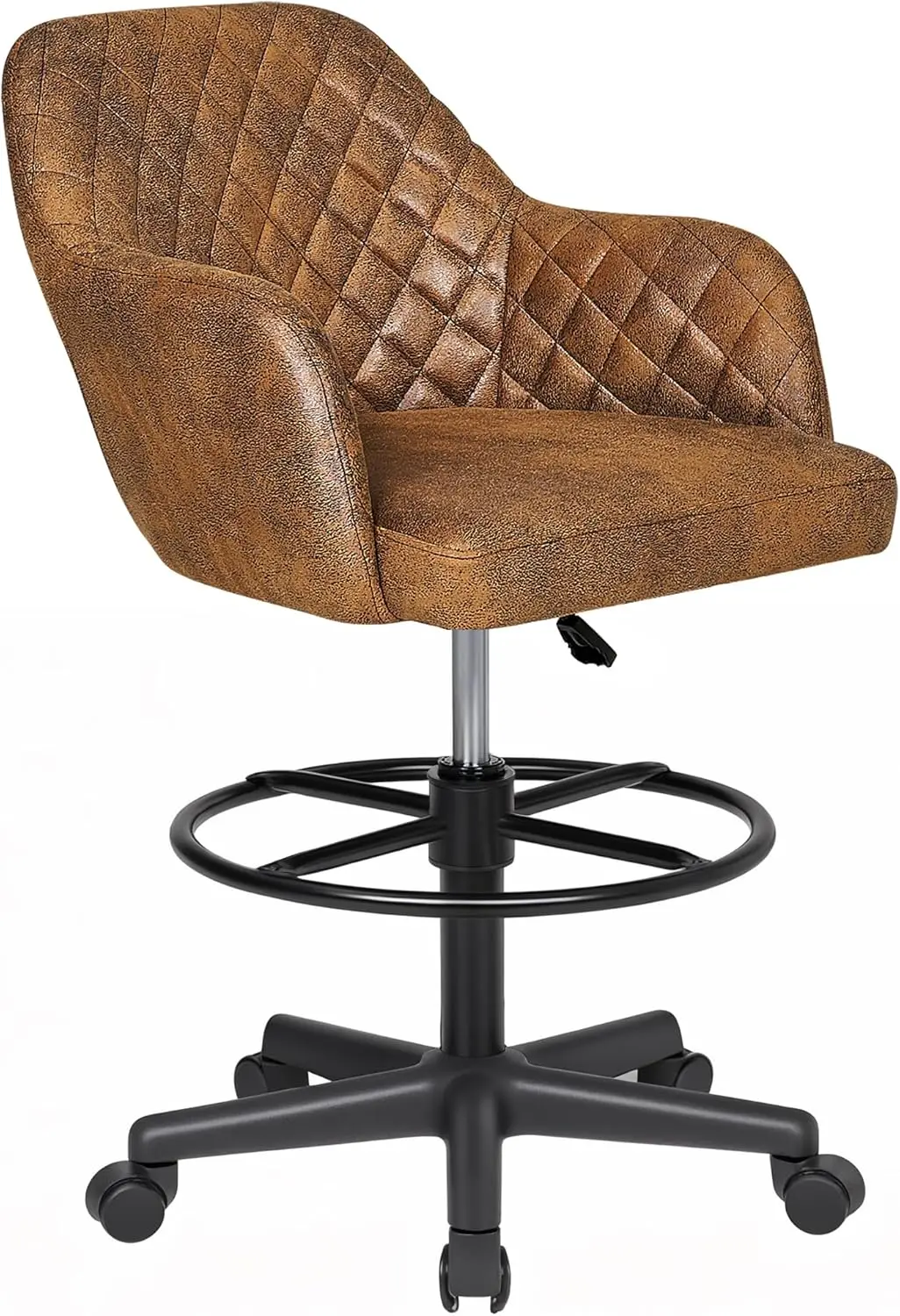 

Pu Leather Drafting Chair With Low Ba And Footrest Ring, Height Adjustable, Swivel Rolling Wheels, For Drawing/Standing