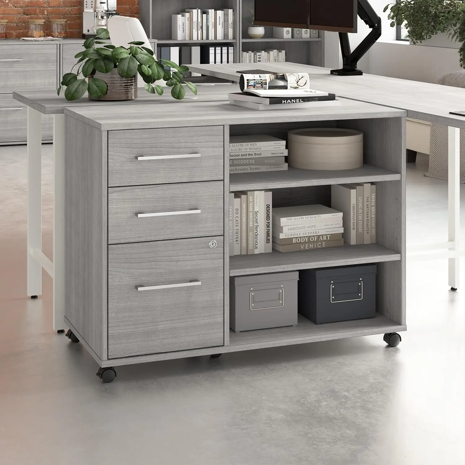 Office Storage Cabinet with Wheels in Platinum Gray, Mobile Organization Unit for Home and Professional Workspace