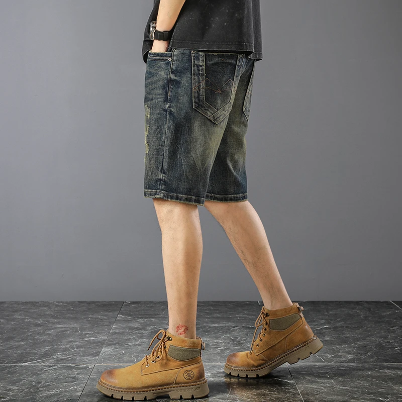 

JXN1009 Scratched denim shorts Men's summer thin fashion straight leg washed stretch Retro versatile casual cropped trousers