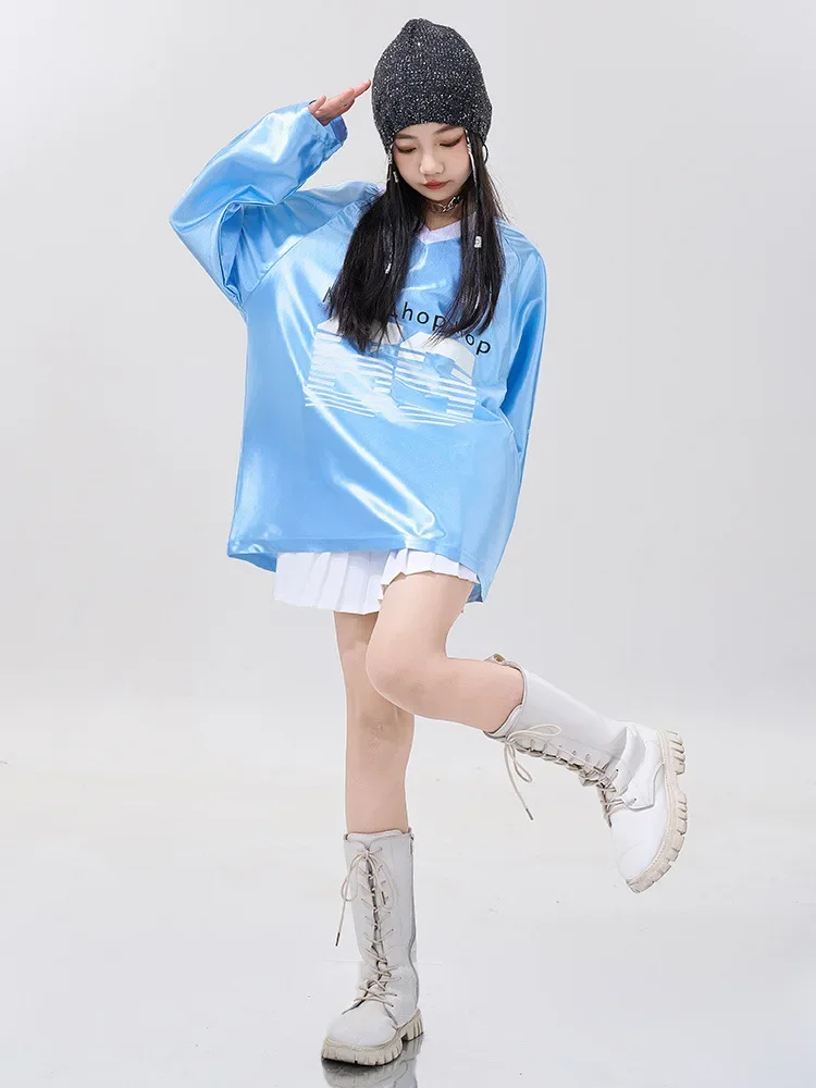 Ropa de Hip Hop para niños, Tops azules, pantalones vaqueros azules para niño y niña, falda blanca, ropa de traje de baile