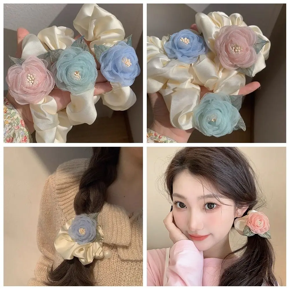 Cute Hair Tie Satin Hair Band Camellia Flower Mesh Rose Flower Hair Rope Ponytail Holder Hair Ring Elastic Hair Band Girls