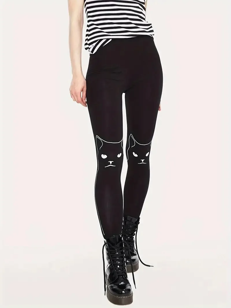 Kitten print casual stretch elastic waist slim-fit leggings for women are worn daily