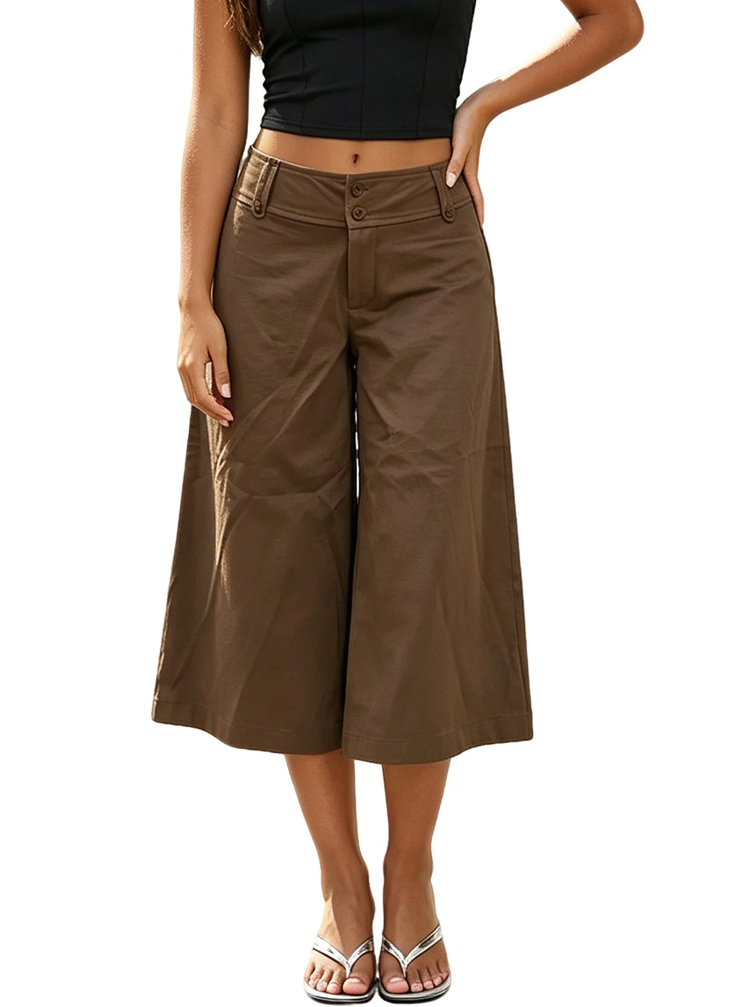 Women Wide-Leg Capri Pants Retro Solid Color Low Waist Cropped Trousers