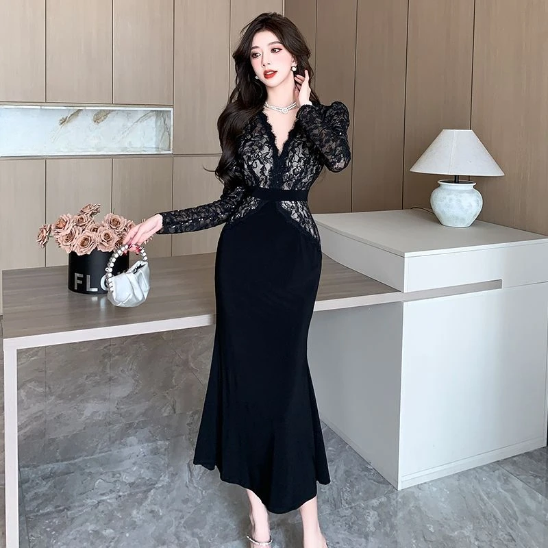 Topanoma Temperament Evening Dresses Women Lace Patchwork Long Sleeve V Neck Sexy Slim Cocktail Party Dress Ladies Banquet