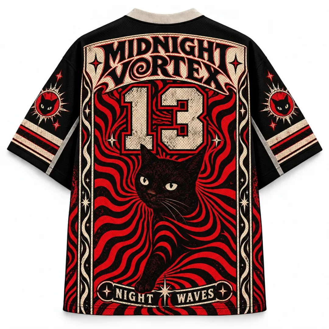 Halloween Midnight Whirlpool Shirt Retro Black Cat Red Whirlpool V-neck No.13 Witch Gothic Short Sleeve Sports T-shirt view 2