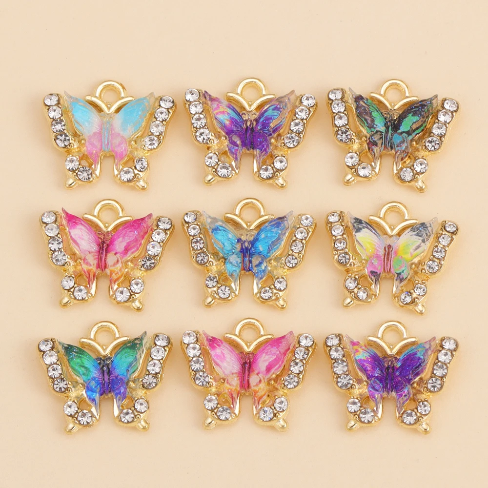 10Pcs RhinestoneColourful Crystal Butterfly Pendant for Jewelry Making Supplies DIY Cute Necklace Earrings Charms Accessories