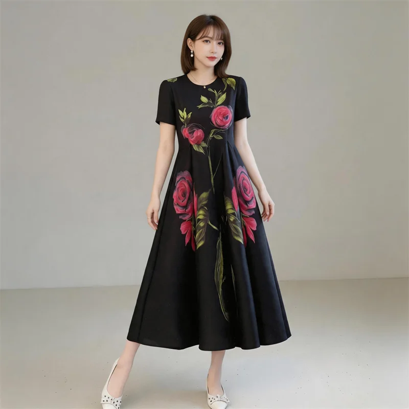

Miyake Pleated Resort Style Floral Print Round Neck Short Sleeve Loose Casual Elegant Dress