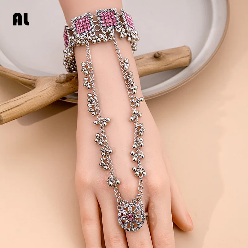 Fashion Bohemian Tassel Pearl Circular Integrated Chain Ring Ethnic Style Geometric Square Shape Sense Jewelry Sets