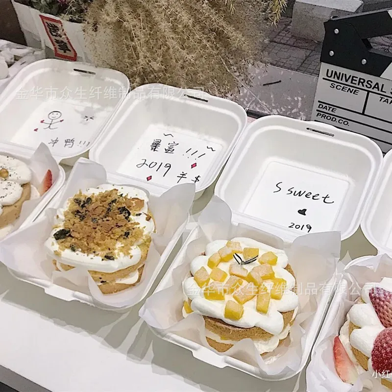 Customized. Sugarcane Pulp Disposable to-Go Box Pulp Lunch Boxes 6-Inch Hamburger Box Take-out Bento Packaging Cake Box Heating
