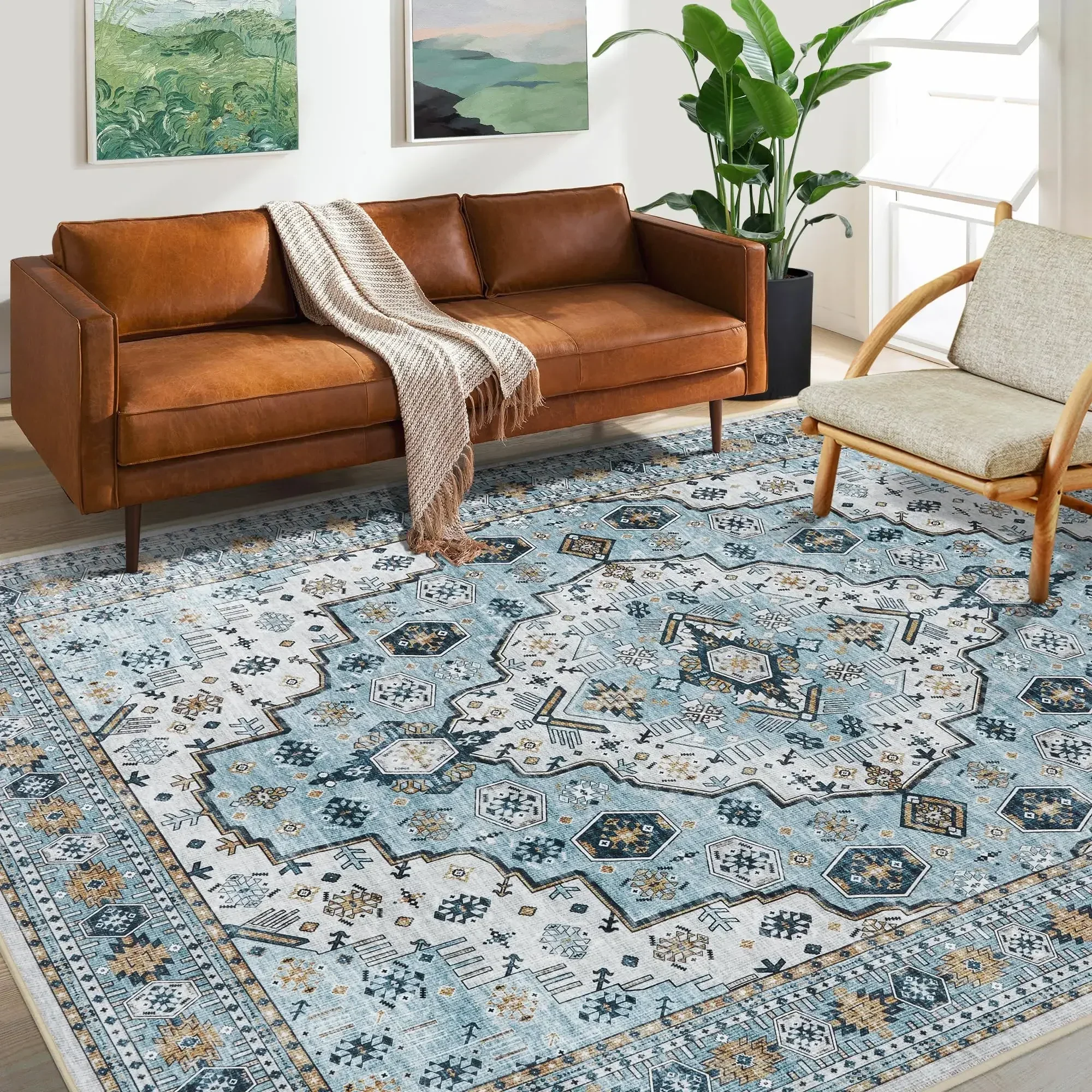 Washable Rug Living Room Rugs: 9x12 Area Rug Large Boho Medallion Distressed Carpets Indoor Soft Floor Anti Slip Carpet for Unde