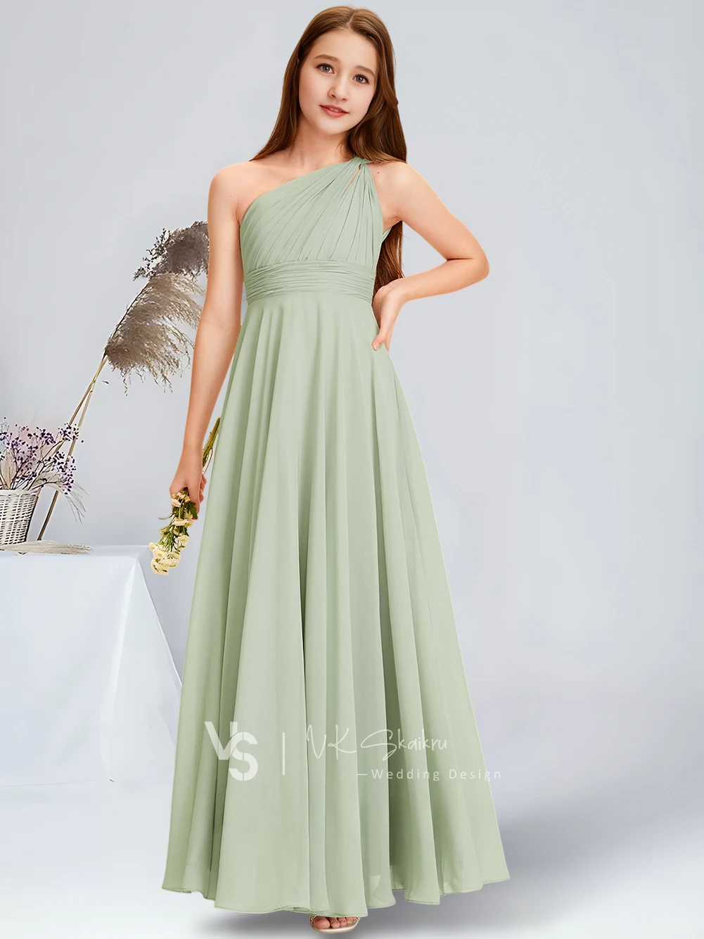 Vestido de dama de honor junior de gasa hasta el suelo con un hombro y corte en A, vestido de niña de flores de celadón para vestidos de novia para baile escolar