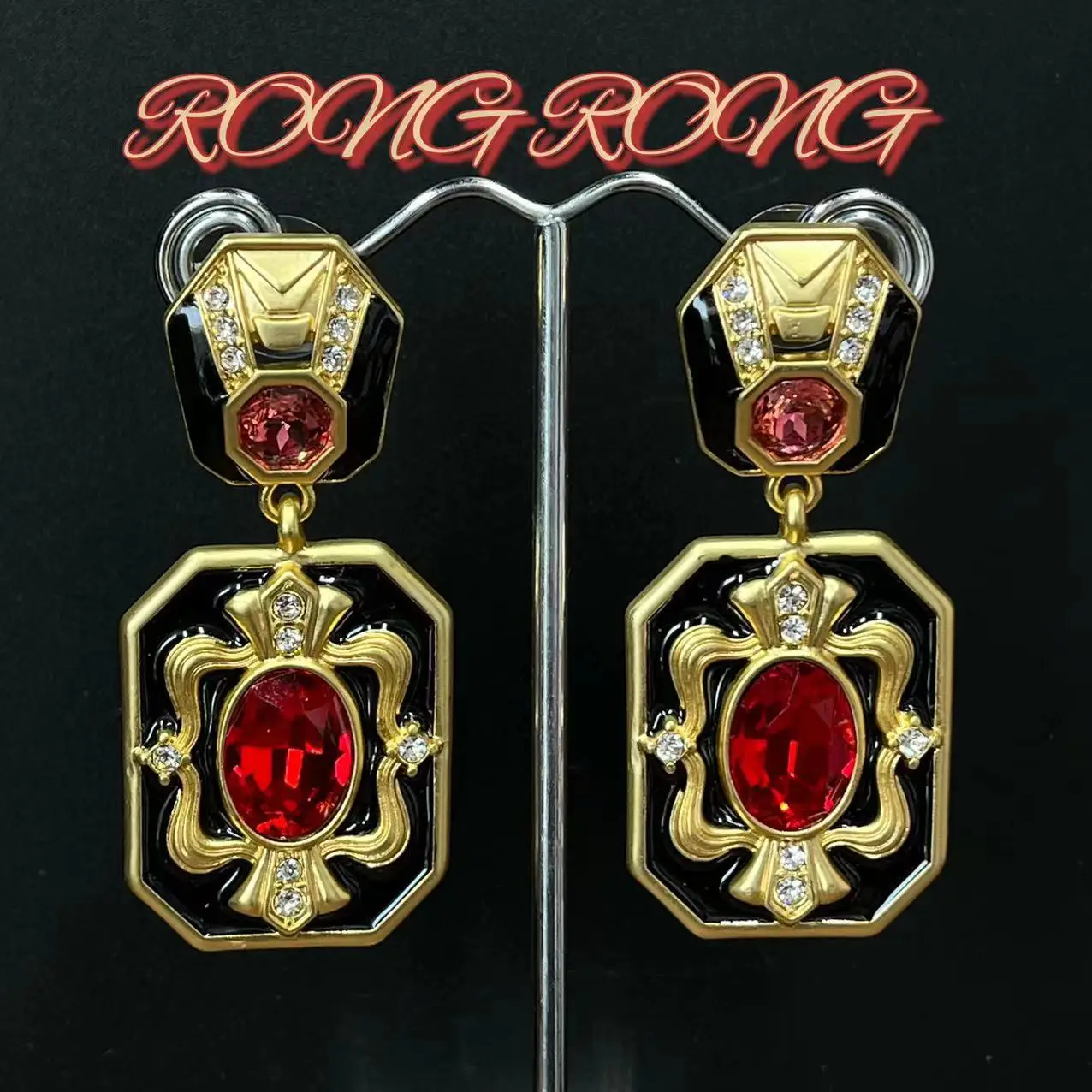 Medieval Vintage French Retro Palace Style Ruby Drip Glaze Earrings Western High-end Luxury Earrings