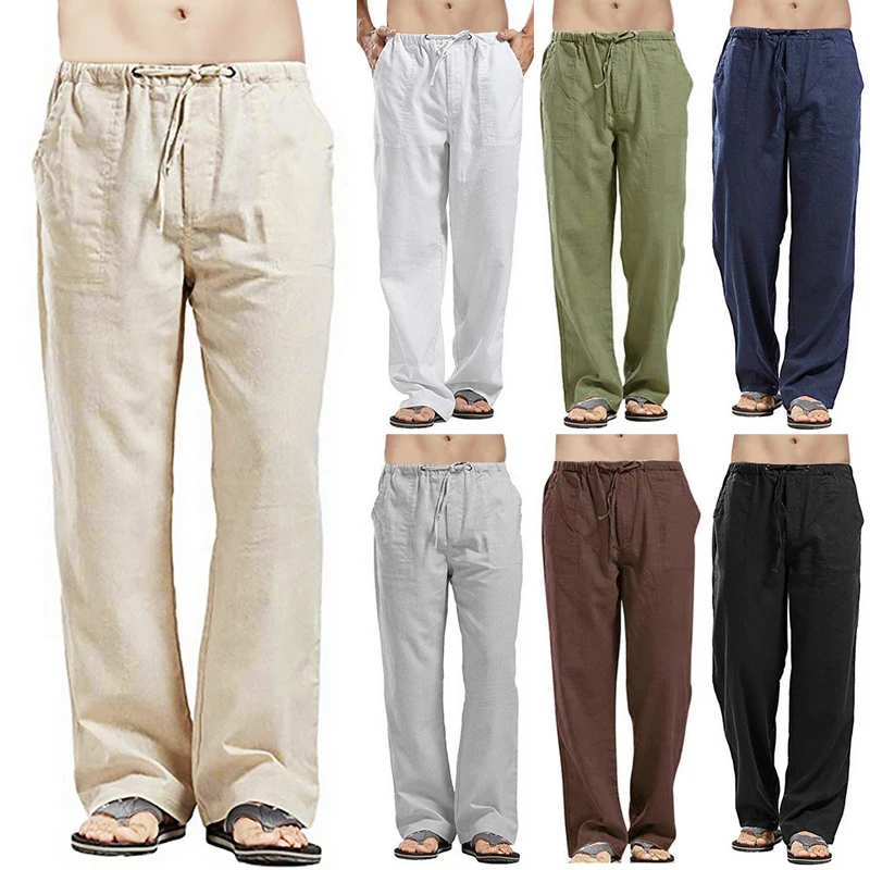 Korean Cotton Linen Sweatpants Casual Men\'S Wide Leg Pants Male Summer Breathable Solid Drawstring Jogger Yoga Baggy Trousers