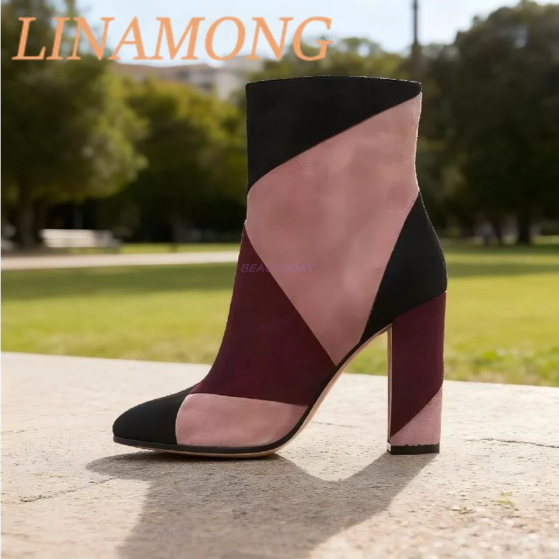 متعدد الألوان المرقعة الجلد المدبوغ أحذية قصيرة الخريف والشتاء وأشار كعب سميك وسحاب جانبي تصميم عالية الكعب أحذية الموضة