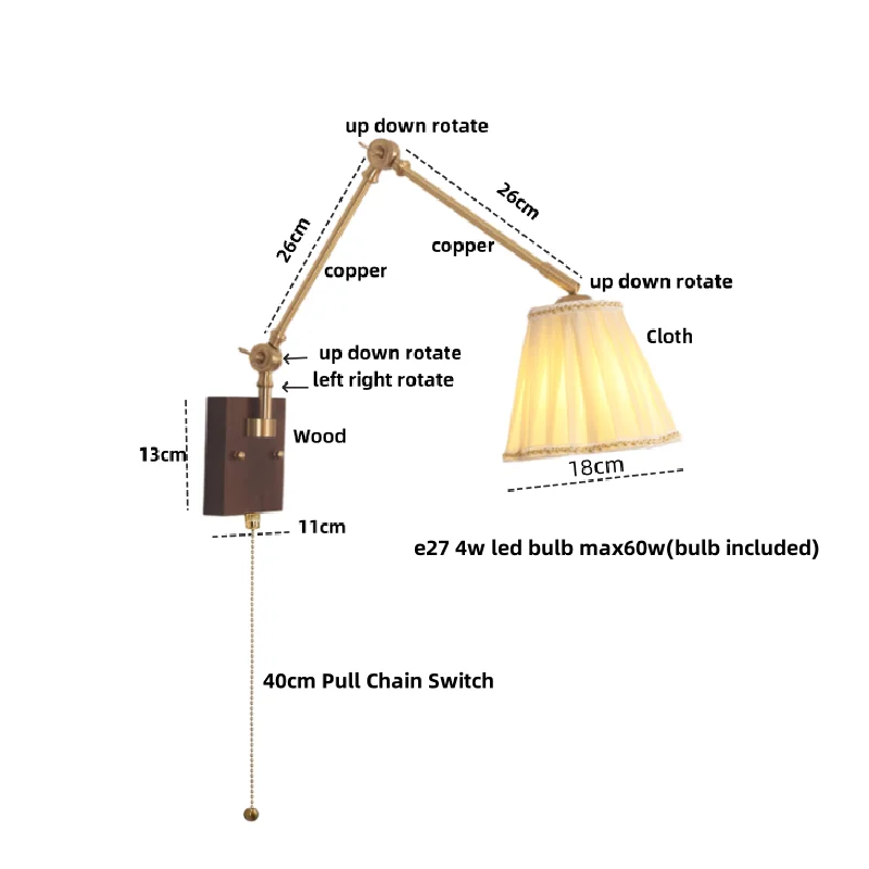 IWHD Cloth LED Wall Lamp Sconce Coffee Bedroom Balcony Nordic Modern Pull Chain Switch Wood Rotatable 2 Arms Stair Light Fixture