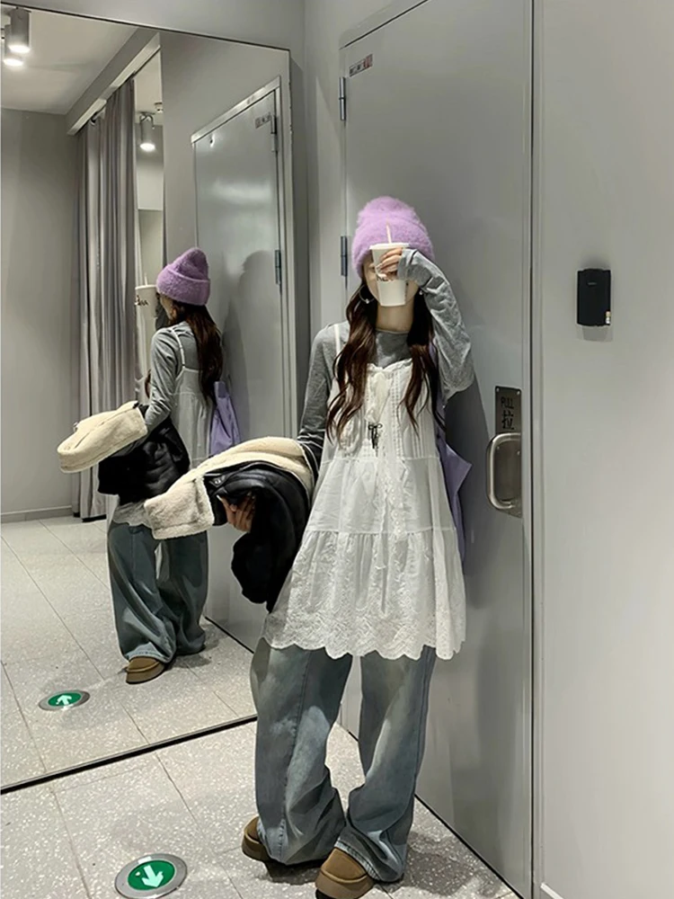 Vestido cropped de renda branca com saia em camadas, estilo coreano, com nó borboleta vazado, modelagem A, cintura alta, para...