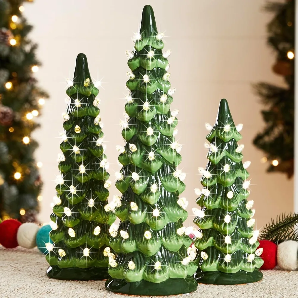 

Set of 3 Ceramic Christmas Trees, Pre-Lit Hand-Painted Tabletop Holiday Decoration w/Warm White Decorative Bulbs, Battery