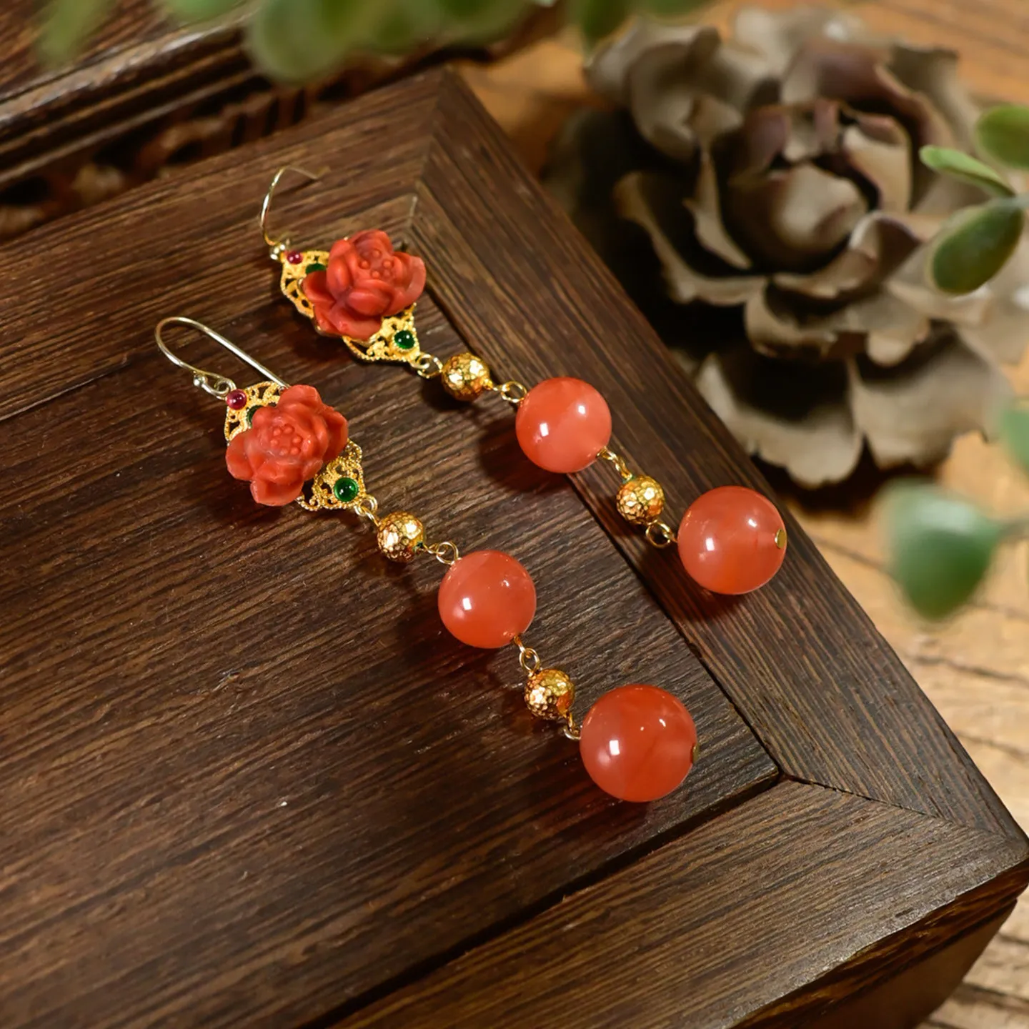 Natural Baoshan Carnelian Drop Earrings with Flower Carving 925 Silver Gold Plated Original Design Chinese Style Jewelry