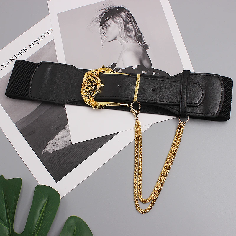 ผู้หญิงรันเวย์แฟชั่น PU หนังยืดหยุ่น Cummerbunds หญิงชุดรัดตัวเข็มขัดตกแต่งเข็มขัดกว้าง TB2247