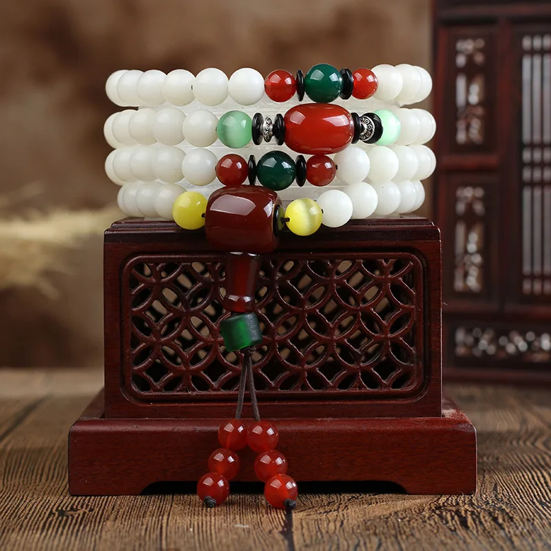 Retro Ethnic Style White Corypha Umbraculifea 108 Beads Cat Eye Stone Bracelet