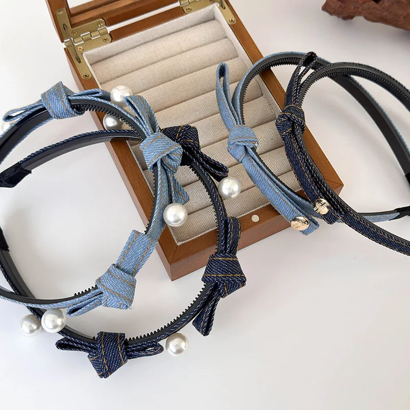 Retro Denim Blue Color Bow Pearl Headband Girls Sweet Hair Bands For Woman Temperament Hair Hoop Female Fashion Hair Accessories