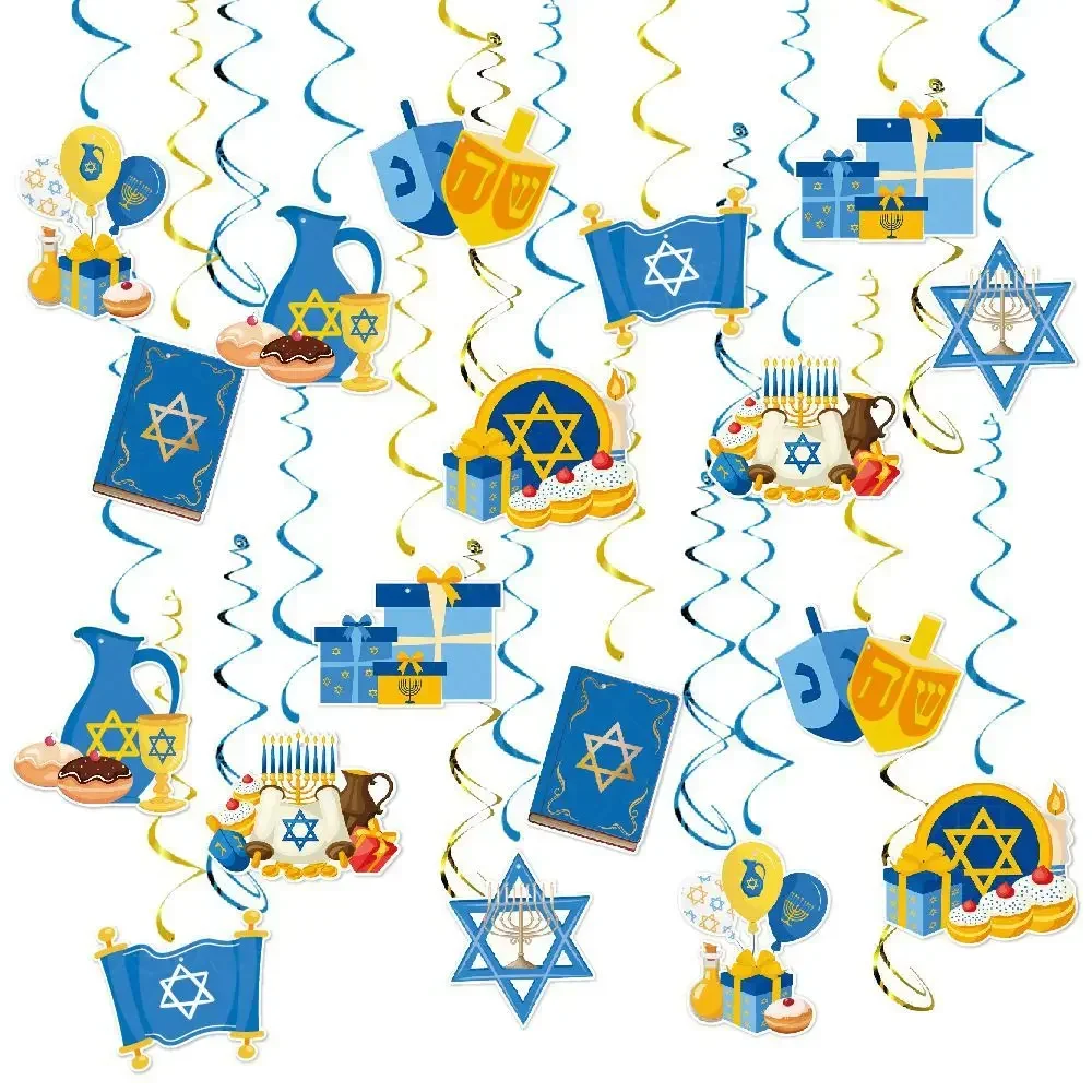 2024 Hanukkah Party Decoration Banner Blue Gold Chanukah Spiral Pendants Home Ornaments Happy Hanukkah Party Supplies