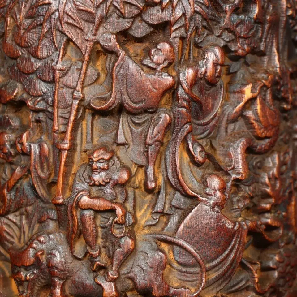 Hand Carved Wood Eighteen arhats pen holder Statue Figurine Desktop Ornaments Home Decoration Crafts Tea Pet Decor