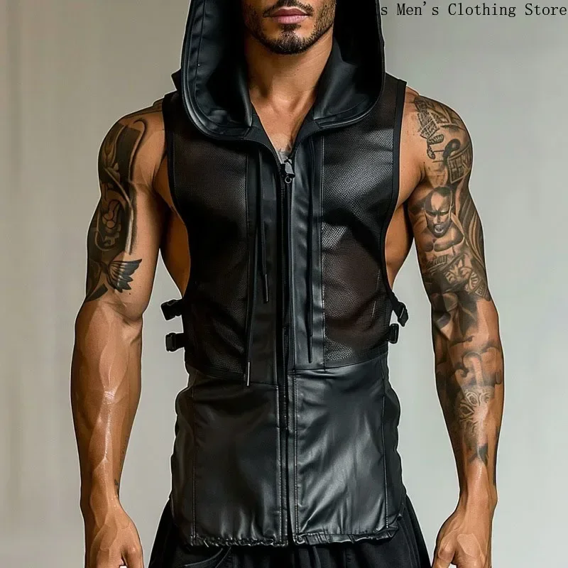 Motorcycle Leather Vest Top Men\'s Leather Stitching Net Shirt Sexy See-through Hooded Vest Muscular Men Fitness Vest Tank Top Me