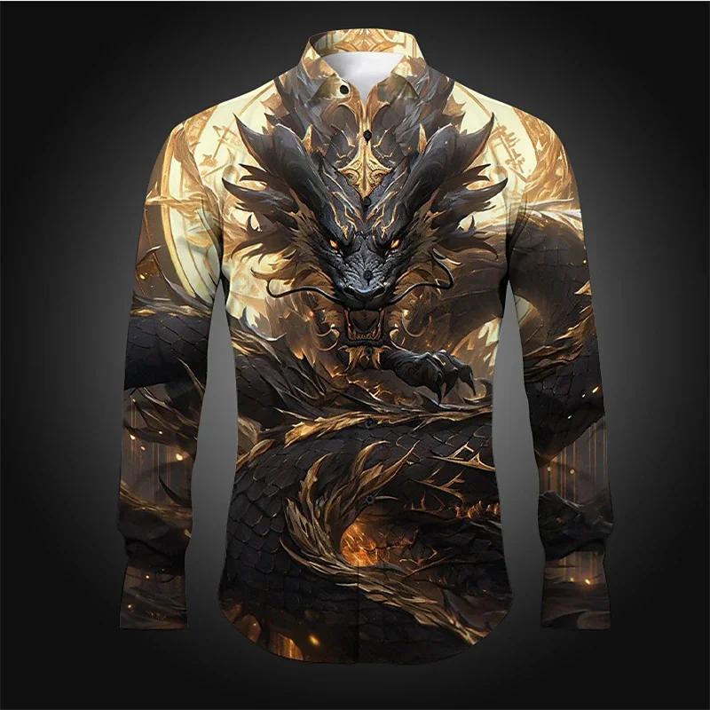 Dragon Abstract Men\'s Shirt Everyday Wear Lapel Long Sleeve Shirt Comfortable Elegant Design Casual Top