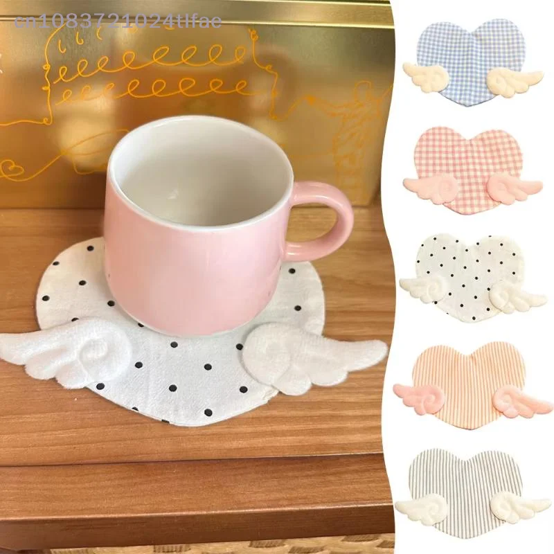 {YY30} 1 Pc Aesthetic Plaid Anti Scald Table Mat Sweet Girly Angel Wing Heart Coaster Cute Desk Decor Birthday Gift