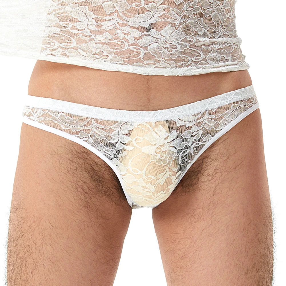 

Mens Sheer Lace Perspective Briefs Sexy Lace Jacquard Breathable Panties Transparent Underpants Low Waist Elastic Lingerie