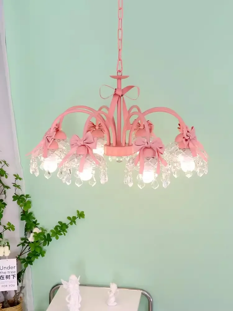 Princess style bedroom chandelier girl children's room girl bow pink living room restaurant cute cream crystal lamp