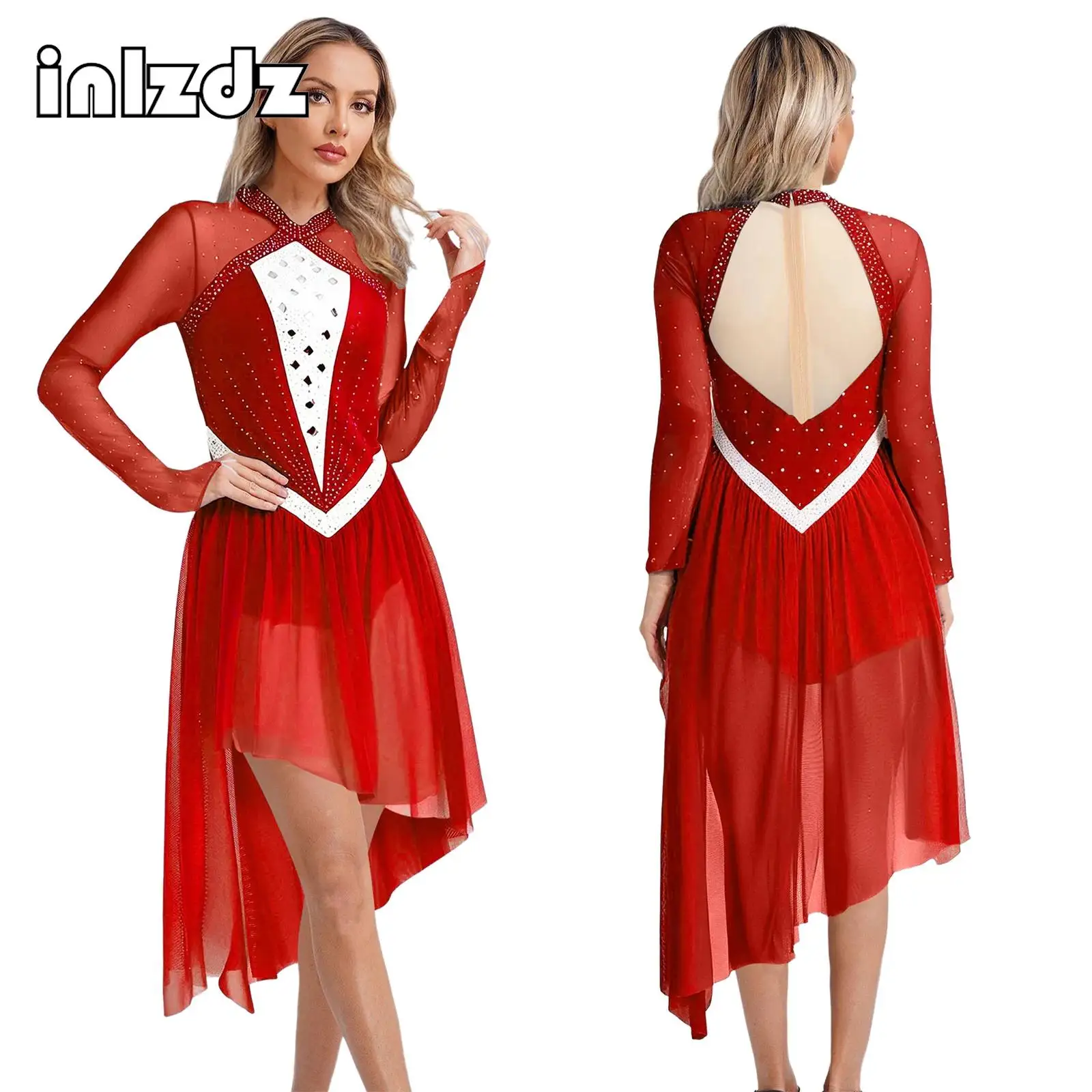 

Womens Lyrical Dance Leotard Dress Long Sleeve Asymmetrical Hem Glittery Rhinestone for Gymnastics Figure Skating Performances