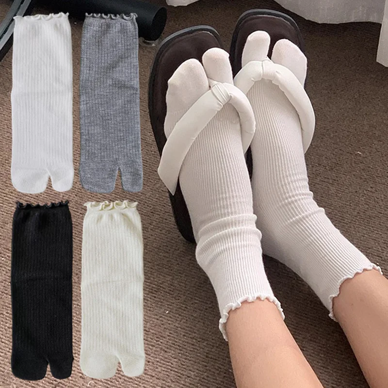 

Japanese High Quality Cotton Split Toe Woman Socks Solid Color Simple Comfortable Soft Two-Toed Harajuku Ruffled Edge Floor Sock