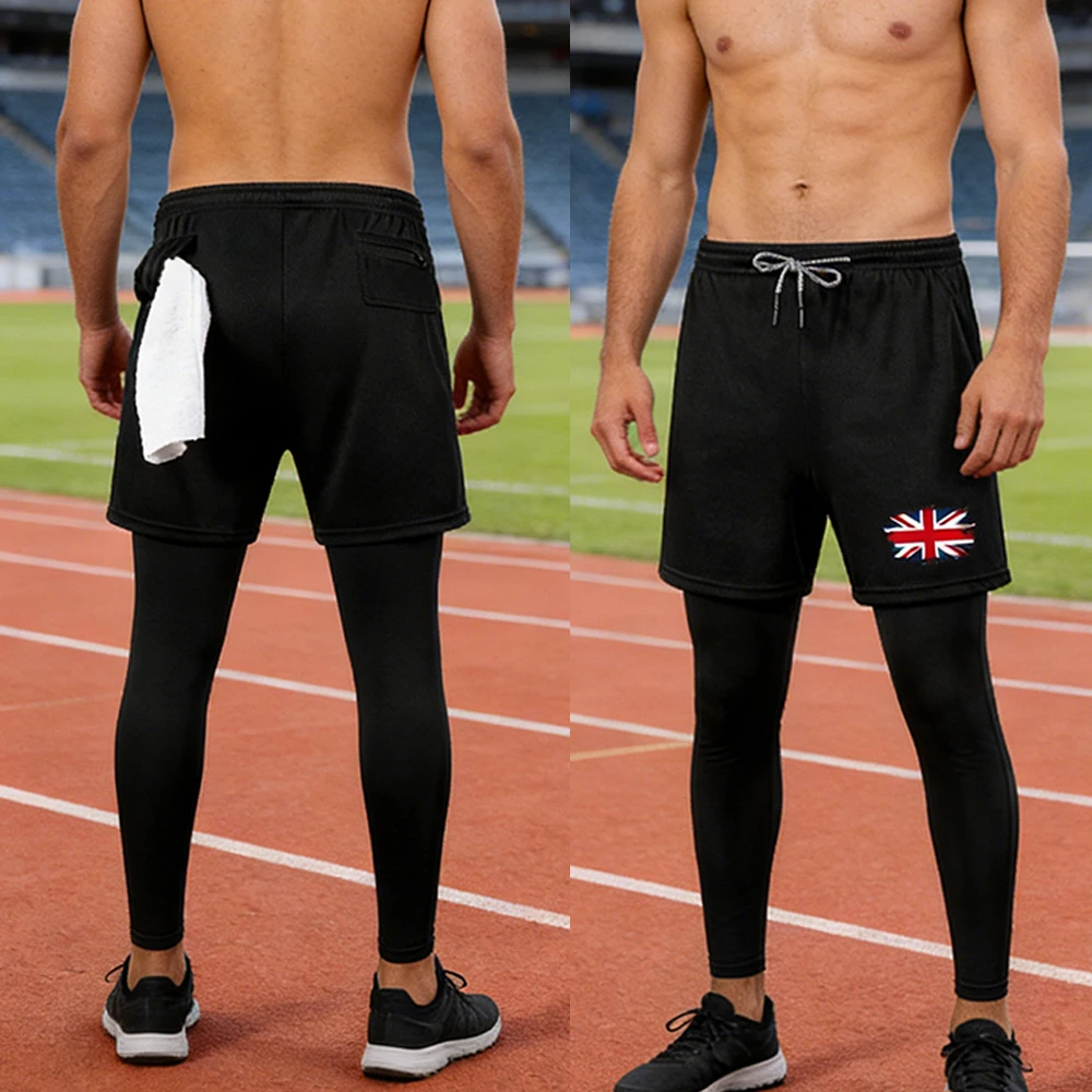 Herren Zweischichtige Sport-Lange Hose mit Handtuchschlaufe 2-in-1 Schnelltrocknende Gym-Workout-Leggings mit Einfachem "Flaggen"-Grafikdruck