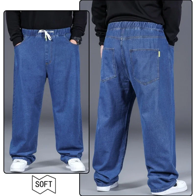 Męskie jeansy plus size 42-50 z szerokimi nogawkami, luźne, elastyczne, wygodne spodnie dżinsowe 90-150 kg, codzienne ubrania uliczne, hip-hopowe spodnie z szerokimi nogawkami.