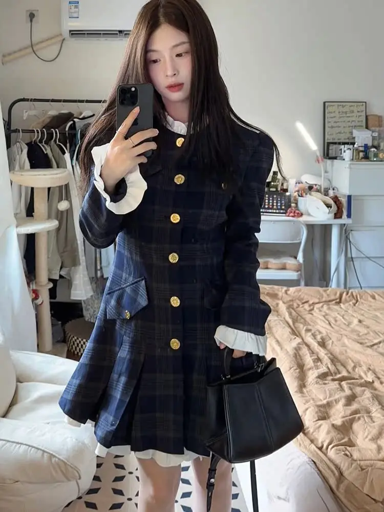 French small fragrant plaid dress women's autumn and winter new rich daughter retro high-end feeling waist and thin skirt