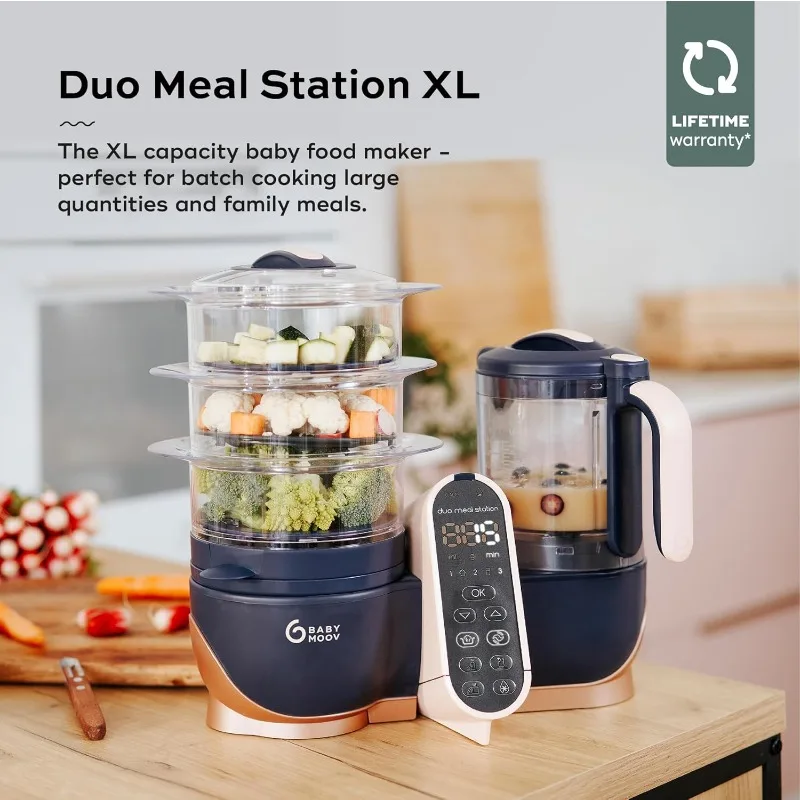Babymoov Duo Meal Station XL، محضر طعام 6 في 1 مع جهاز بخار، خلاط متعدد السرعات، أكثر دفئًا، مزيل الصقيع ومعقم، وردي