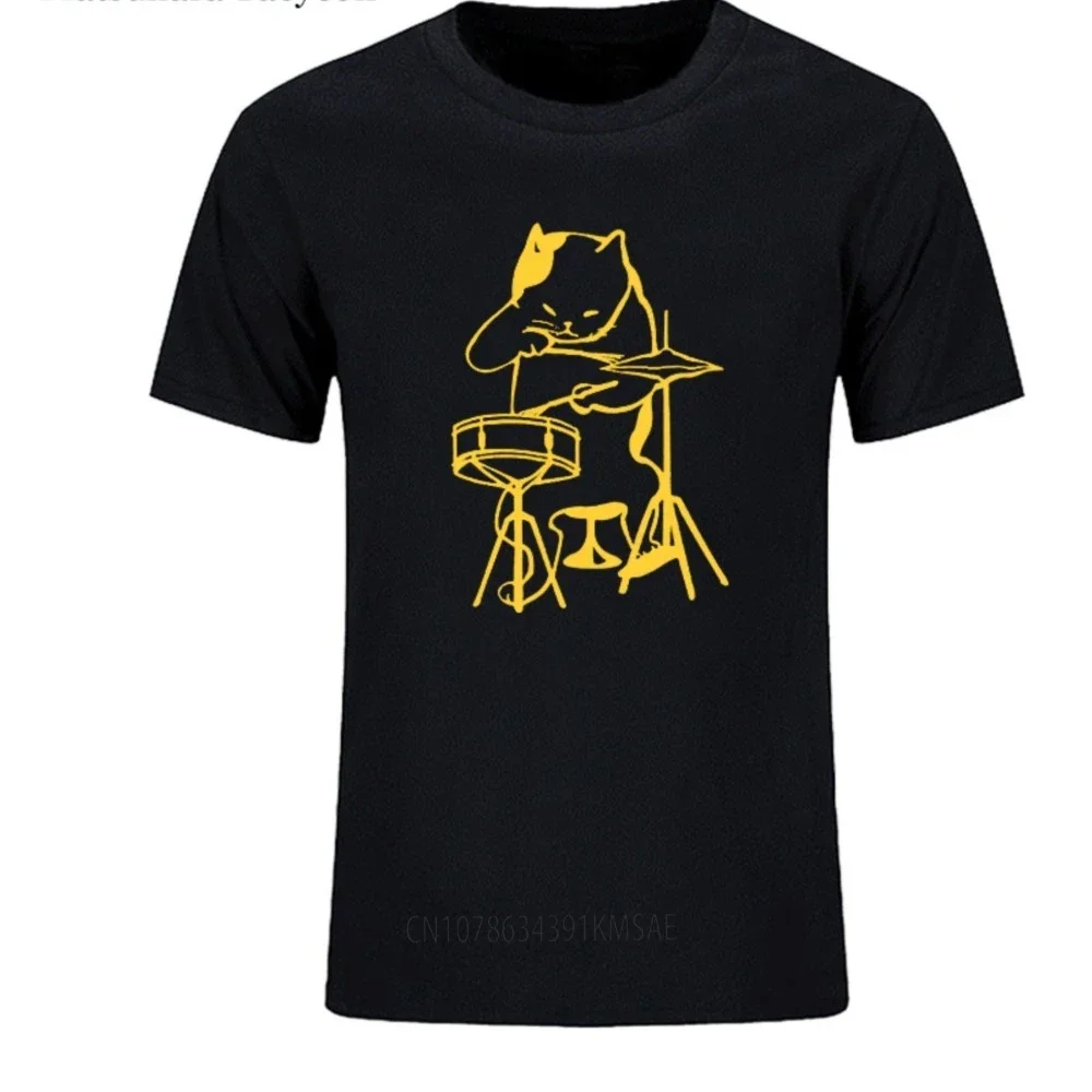Camiseta en coton pour homme, motivo chat músico jouant de la batería, cadeau d'anniversaire fun, estilo hip hop