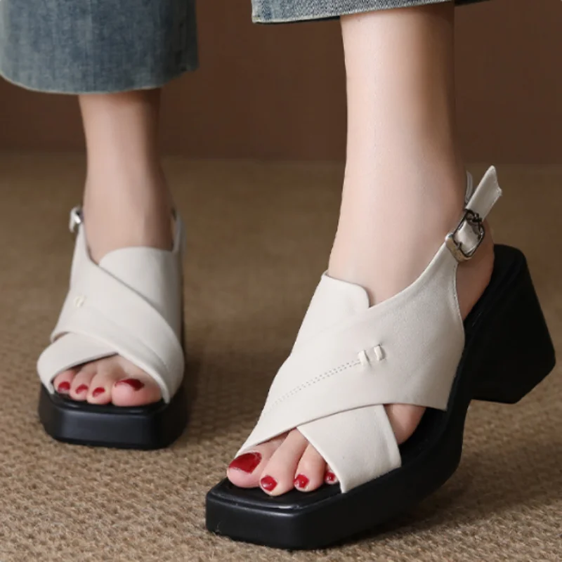

ZXRYXGS New Summer Square Toe Open Toe Premium Cowhide Leather Sandals Fashion Elegant Women High Heel Sandals Trendy Shoe 2026