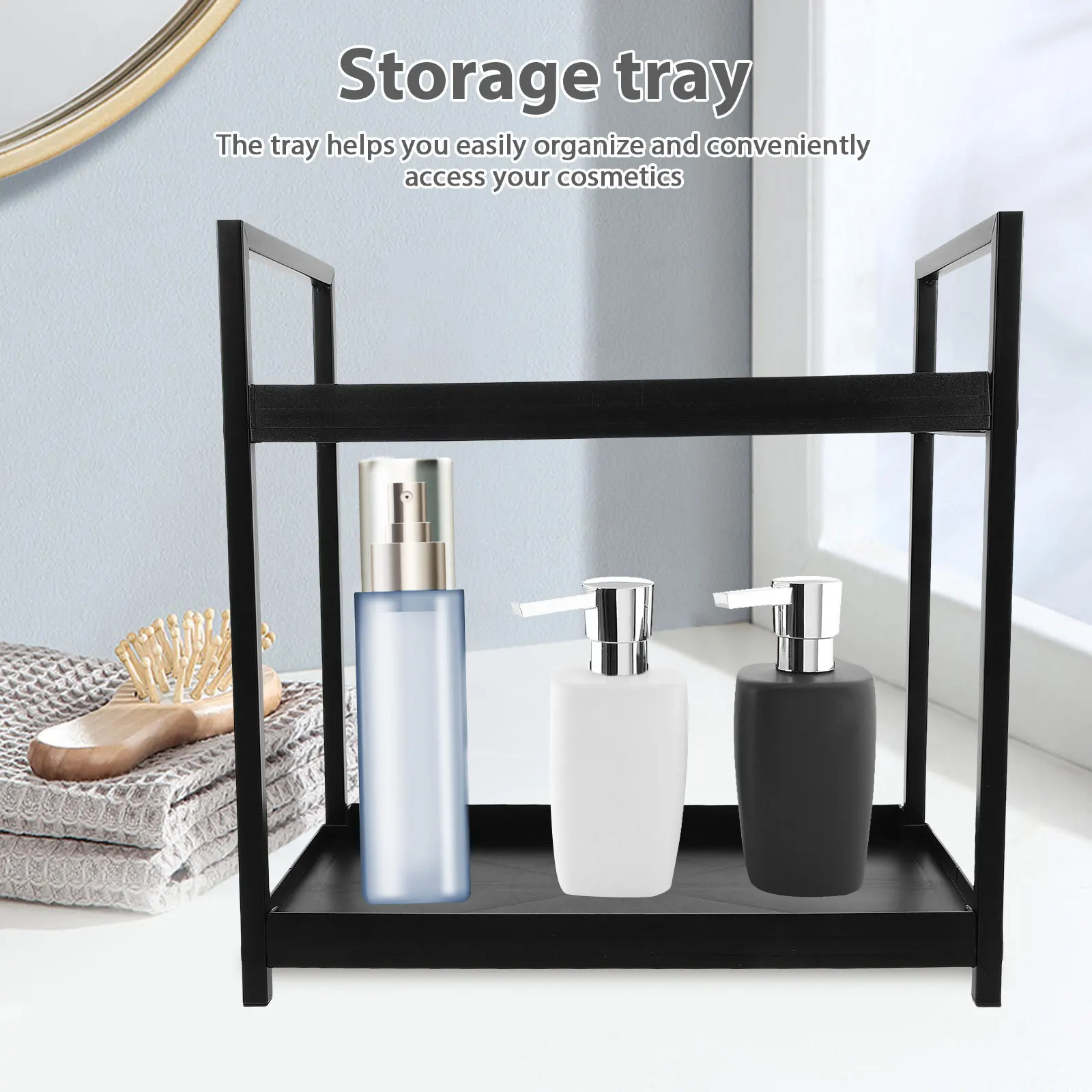 صينية تخزين بطبقة مزدوجة للحمام، منظم سطح الطاولة، حامل عرض مجوهرات العطور، سطح المكتب الحديدي متعدد الوظائف