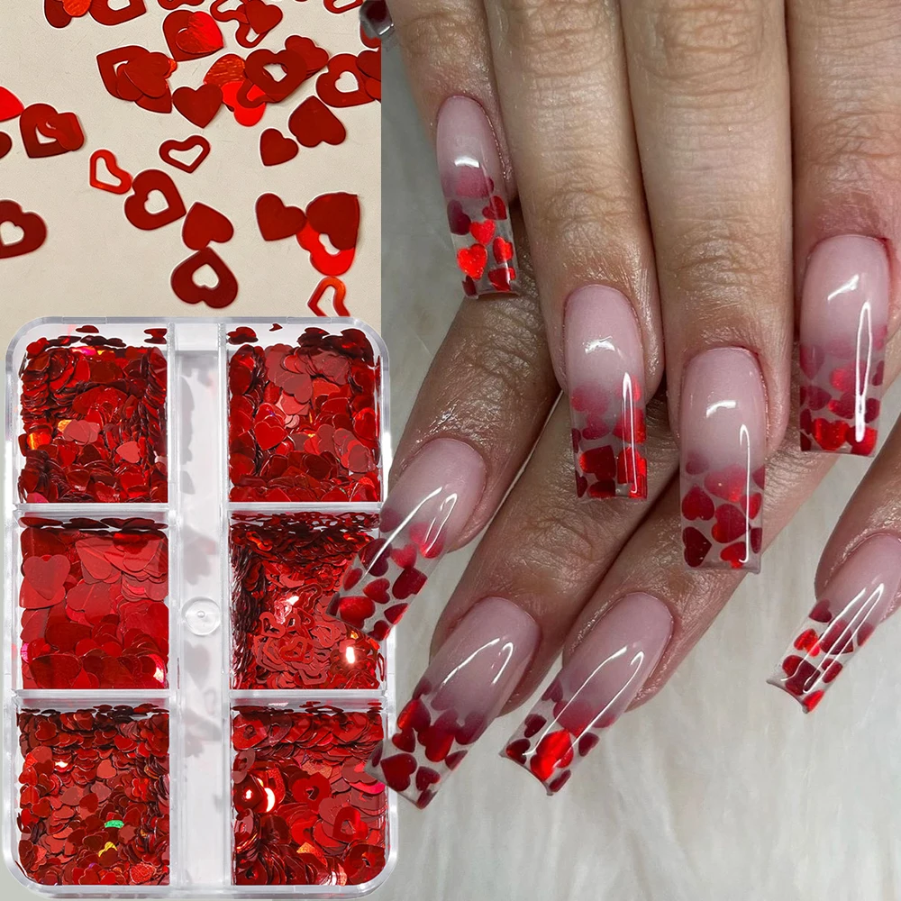 6Grids Valentine's Day Heart Nail Art Sequins 3D Red Love Glitter Holographic Paillette Flakes For DIY Slice Manicure Decoration